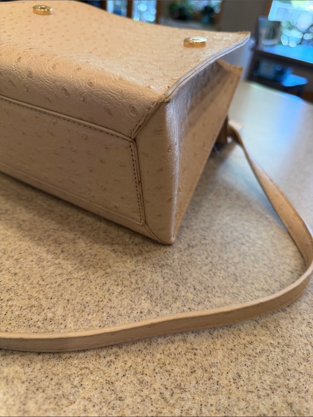 Crossing Vegan Leather Beige Structured Top-Handle Crossbody Bag w/ Gold Buckle - Picture 3 of 9